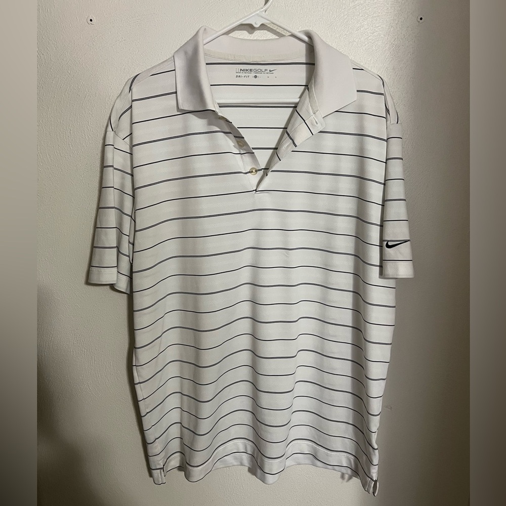 NIKE Classic Dri Fit Athletic Casual Striped Short Sleeve Golf Polo White Mens L
